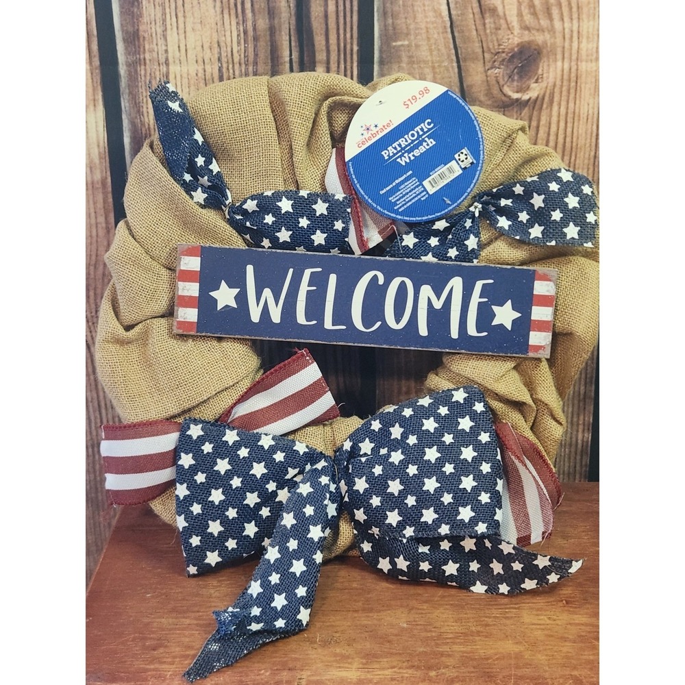 Way to Celebrate Patriotic Wreath Burlap Welcome Sign Stars Stripes Americana